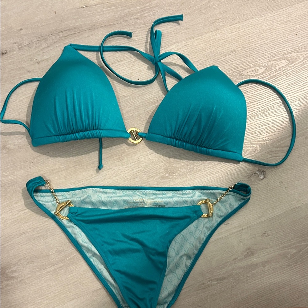 Victoria's Secret Teal Triangle Bikini with Gold Accents